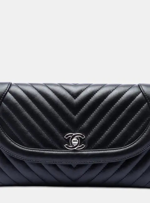 Chanel CC Chevron Round Black Lambskin Flap Clutch Bag