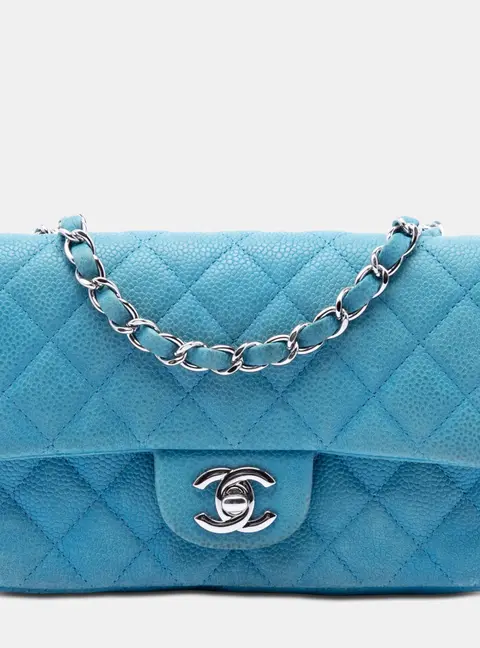 Chanel Classic Mini Rectangular Blue Iridescent Caviar Grained Calfskin Leather Single Flap Bag