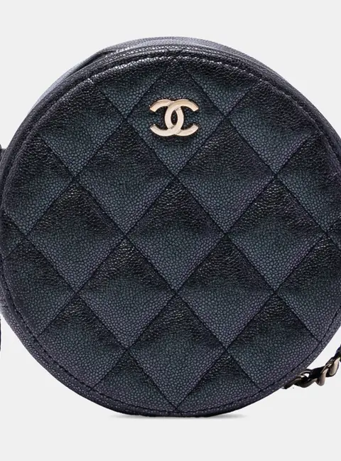 Chanel CC Quilted Iridescent Caviar Round Clutch With Chain Mini Black Leather Crossbody Bag