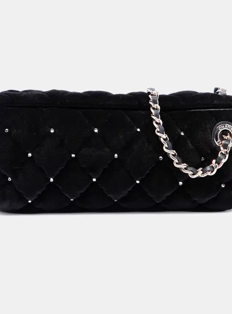 Chanel CC Quilted Velvet Crystal Wristlet Clutch Black Velvet Clutch Bag