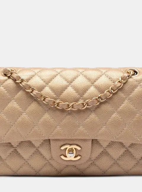 Chanel Beige Chanel Classic Medium Iridescent Gold Caviar Leather Double Flap Bag
