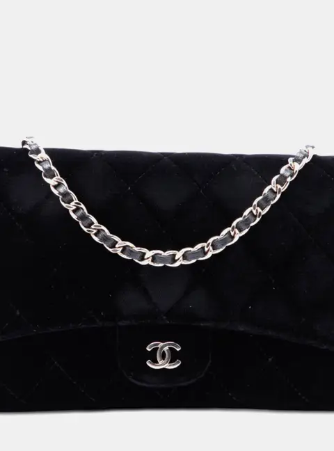 Chanel CC Quilted Velvet Wallet on Removable Chain Black Fabric Velvet Wallet on Chain Bag