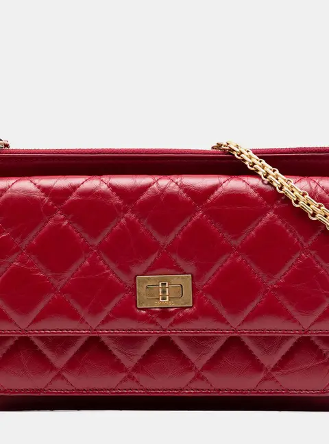 Chanel Quilted Aged Calfskin Reissue 2.55 Red Gold Tone Metal Wallet on Chain Bag