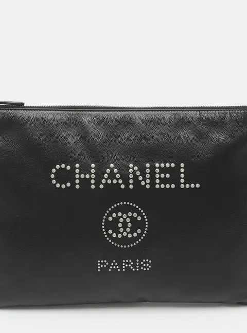 Chanel Deauville Black Caviar Leather Pouch Clutch