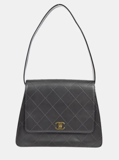 Chanel Vintage Trapezoid Black Lambskin Leather Shoulder Bag