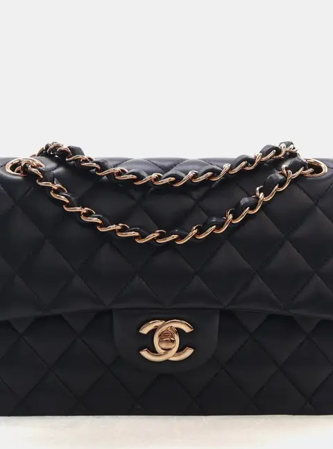 Chanel Classic Double Flap Small Black Lambskin Rose Gold Hardware Shoulder Bag