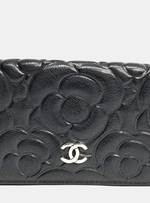 Chanel Camellia Small Black Embossed Leather Wallet