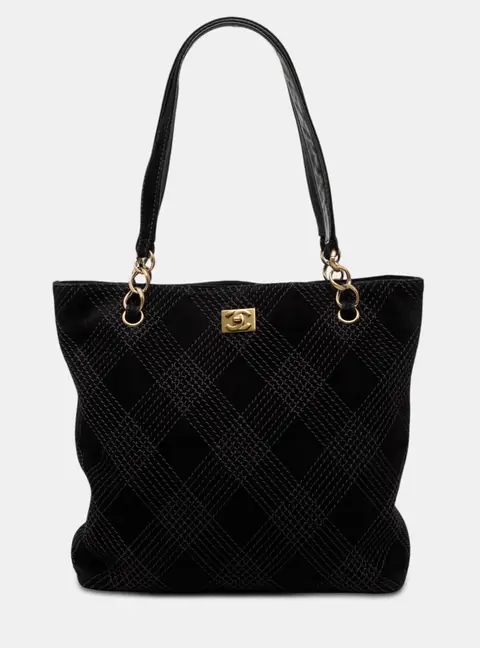 Chanel CC Stitched Large Black Suede Tote Bag