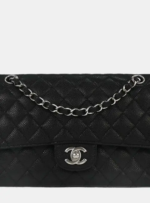 Chanel Medium Classic Double Flap Bag Black Quilted Caviar Leather Shoulder Bag