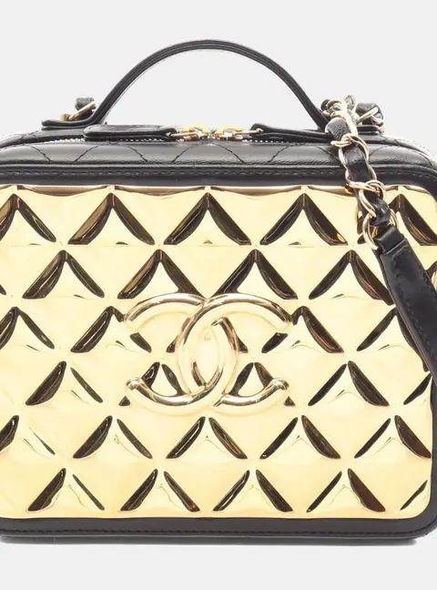 Chanel Golden Plate Medium Black Lambskin Quilted Metal Vanity 2-Way Crossbody Bag