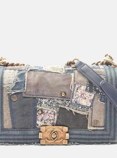 Chanel Boy Old Medium Blue Multicolor Denim Patchwork Flap Shoulder Bag