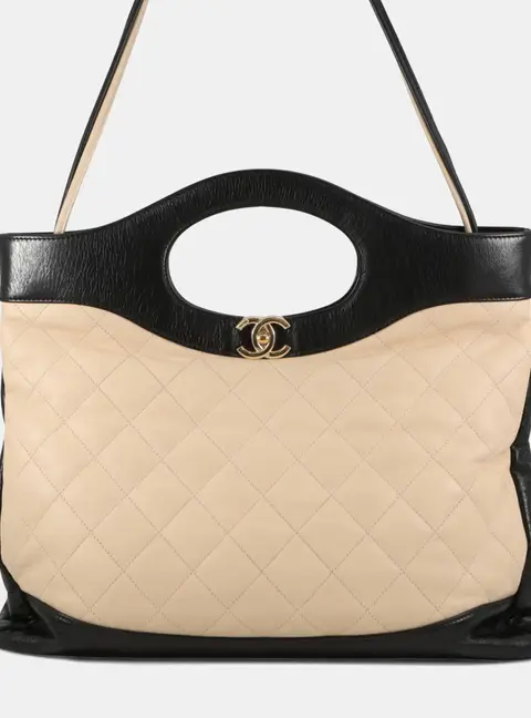 Chanel 31 Large Beige Black Quilted Calfskin Leather Two Way Shoulder Bag