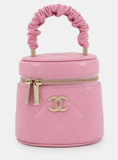 Chanel Matelasse Ruched Handle Mini Pink Lambskin Gold Tone Metal Vanity Bag
