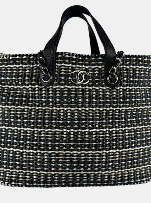 Chanel No. 18 Large Black White Beige Raffia Calfskin Leather Shoulder Tote Bag
