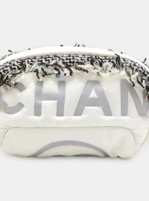 Chanel Doudoune Coconeige White Gray Embossed Nylon Tweed Waist Pouch Bag