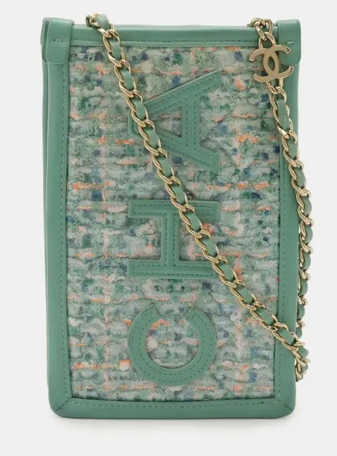 Chanel 19S Tweed PVC Clutch with Chain Blue Green Tweed Vinyl Lambskin Leather Crossbody Bag