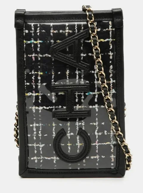 Chanel Logo Tweed PVC Lambskin Phone Pouch with Chain Crossbody Bag