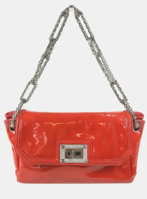 Chanel Mademoiselle Bijoux Chain Medium Red Orange Patent Calfskin Leather Flap Bag SHW