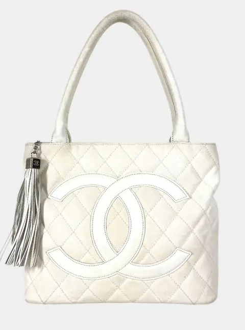 Chanel CC Tassel Quilted Canvas Medium White Shoulder Tote Bag