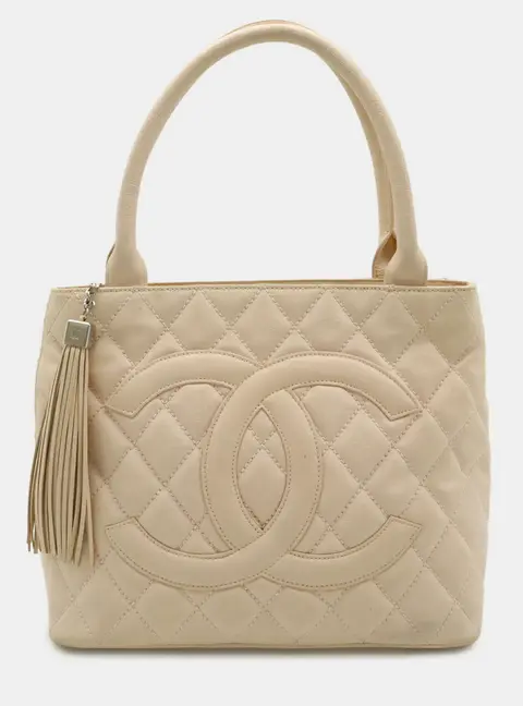 Chanel Matelasse Tassel Medium Beige Canvas Leather Tote Bag