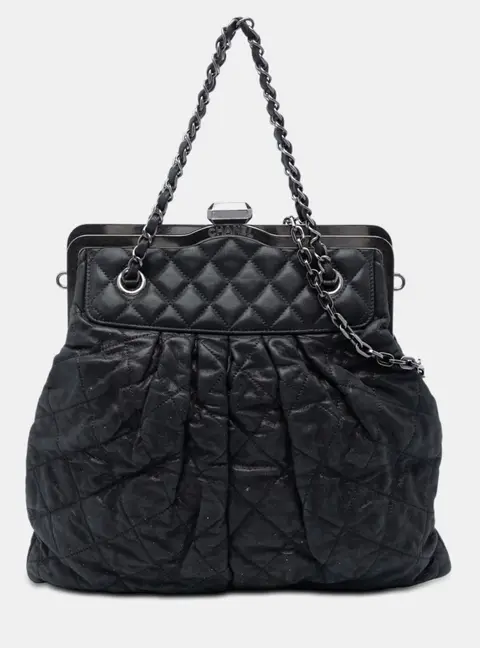 Chanel Chic Quilt Frame One Size Black Quilted Iridescent Calfskin Leather Satchel Bag