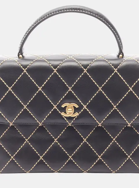 Chanel Wild Stitch Kelly Medium Black Calfskin Leather Top Handle Bag
