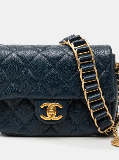 Chanel Mini Quilted Caviar Chain Soul Navy Blue Grained Calfskin Leather Flap Bag