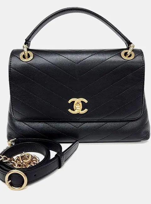 Chanel Small Chevron Top Handle Black Grained Calfskin Leather Shoulder Bag