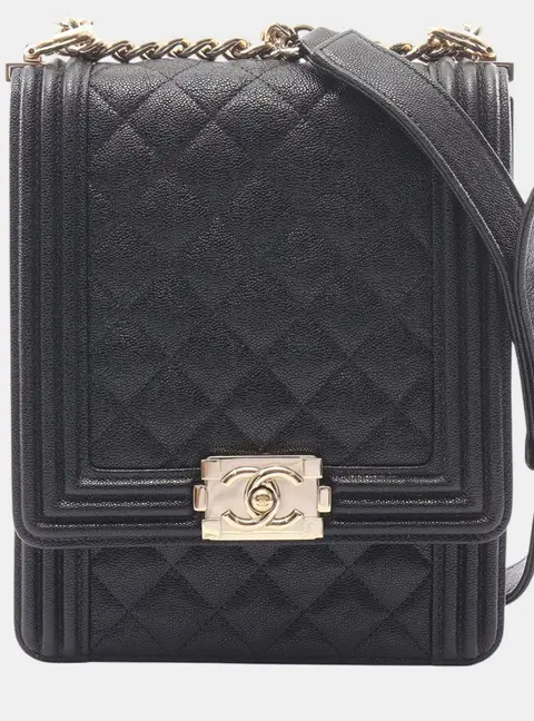 Chanel Boy North South Small Black Grained Calfskin Leather Fl Flap Bag