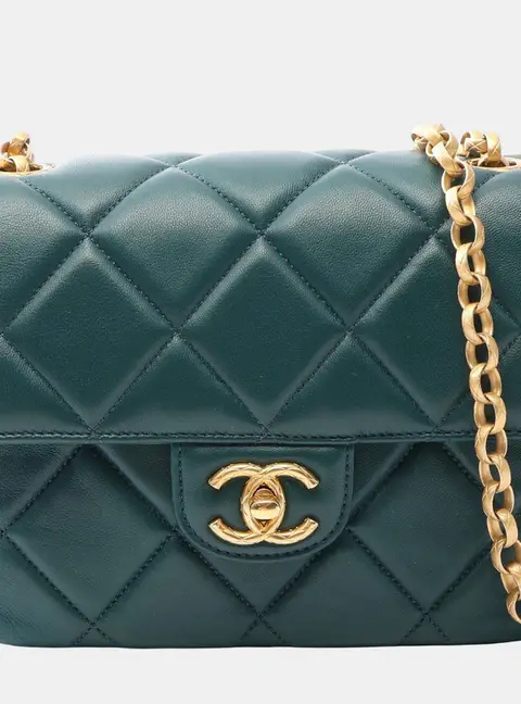 Chanel Mini Square Classic Green Lambskin Leather Shoulder Bag