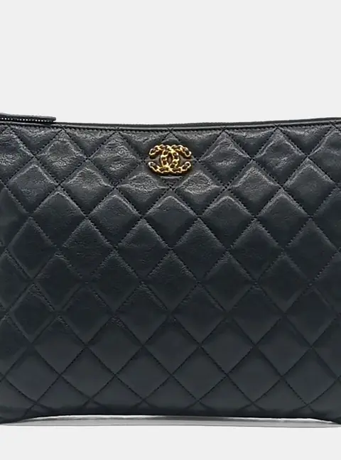 Chanel 19 New Medium Black Goatskin Leather Clutch Bag