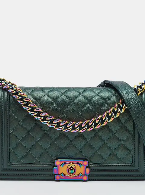 Chanel Boy Medium Metallic Green Quilted Leather Flap Bag