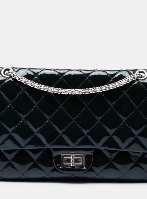 Chanel Quilted Patent Reissue 2.55 Double Flap 227 Black Patent Leather Shoulder Bag