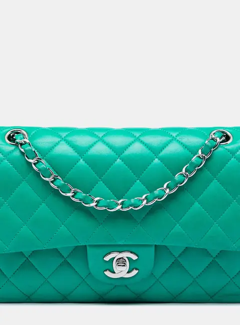 Chanel Medium Classic Double Flap Green Lambskin Leather Shoulder Bag
