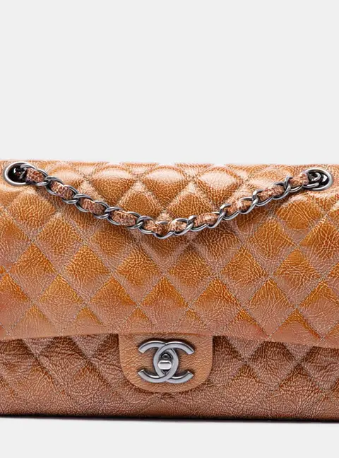 Chanel Classic Medium Brown Crinkled Patent Leather Double Flap Bag