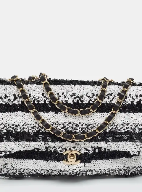 Chanel Stripe Classic Single Flap Medium Black/White Sequins Bag