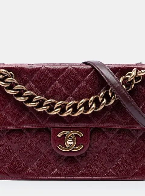 Chanel Paris -Edinburgh Quilted Caviar Medium Burgundy Grained Calfskin Leather Flap Bag