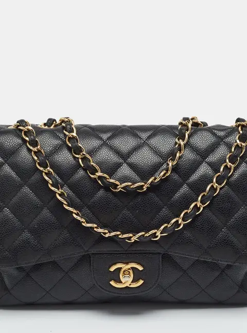 Chanel Classic Single Jumbo Black Quilted Caviar Leather Flap Bag