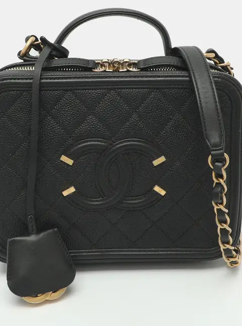 Chanel CC Filigree Medium Black Quilted Caviar Leather Vanity Case Bag