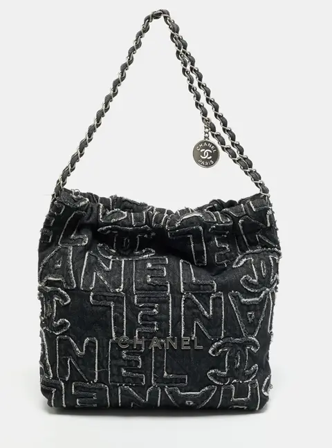Chanel 22 Logo Patchwork Black Quilted Denim Bag