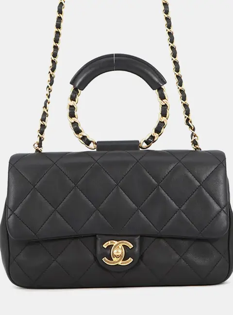 Chanel Cruise 2020 Circular Handle Flap Small Black Lambskin Leather Top Handle Bag