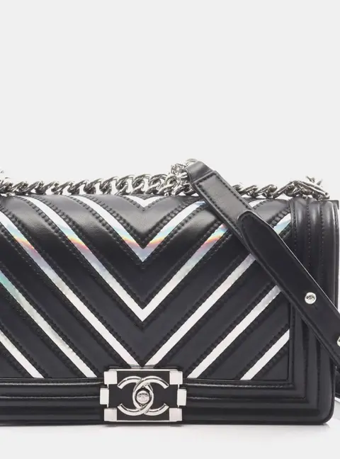 Chanel Boy Medium Black Lambskin Leather Holographic PVC Shoulder Bag