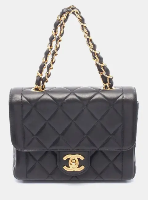 Chanel Vintage Square Chain Handle Flap Black Lambskin Leather Mini Top Handle Bag