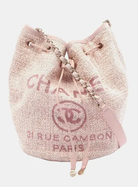 Chanel Deauville Pink Tweed Calfskin Leather Drawstring Bucket Bag