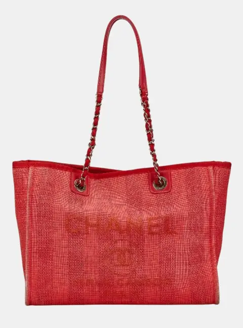 Chanel Deauville MM Red Canvas Leather Tote Bag