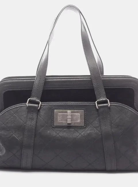 Chanel 2.55 Matelasse Boston Large Black Calfskin Leather Pile Top Handle Bag