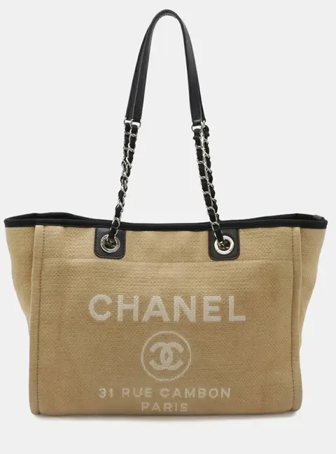 Chanel Deauville MM Beige/Black Canvas Leather Tote Bag