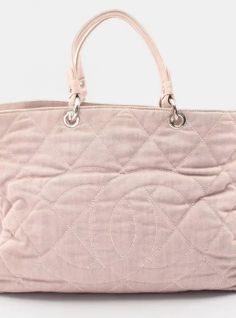 Chanel Large CC Quilted Large Pink Denim Canvas Tote Bag