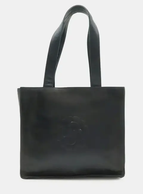 Chanel Camellia Coco Mark Black Lambskin Leather Tote Bag