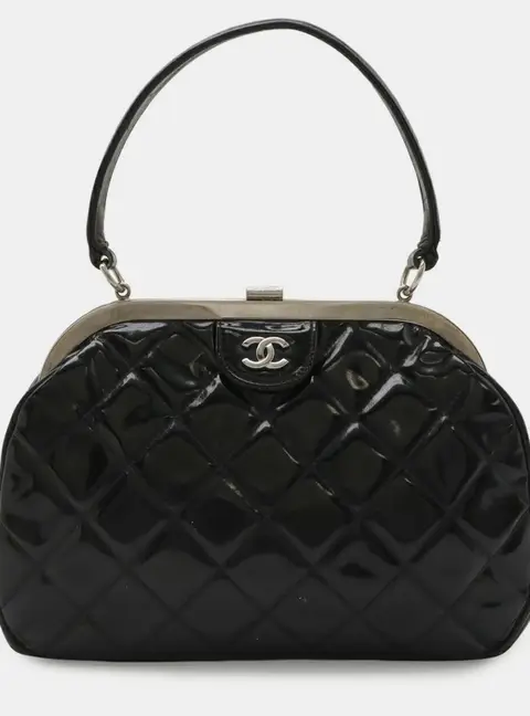 Chanel Matelasse Coco Mark Black Quilted Patent Leather Top Handle Bag